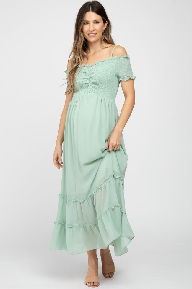 Mint Green Smocked Ruffle Off Shoulder Maternity Maxi Dress | PinkBlush Maternity