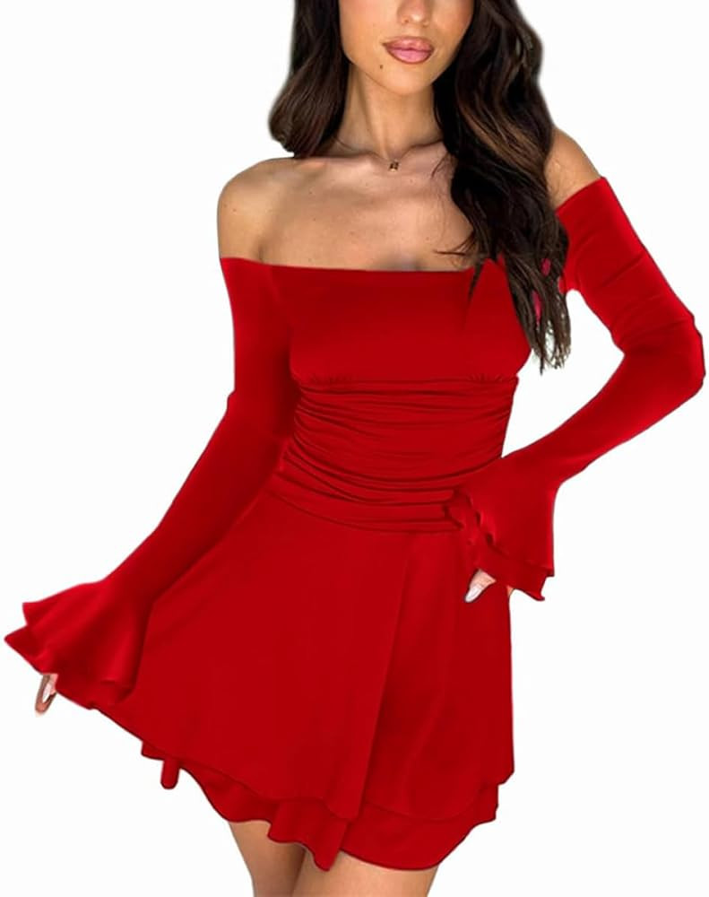 Women's Off Shoulder Long Sleeve Tube Dress Sexy Ruffle Y2K Tiered Flowy Bodycon Cocktail Party F... | Amazon (US)