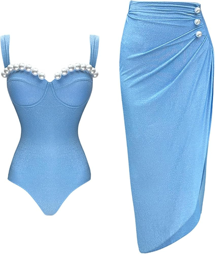 FLAXMAKER Black Double Shoulder Straps Chest Pearl One Piece Swimsuit and Skirt | Amazon (US)