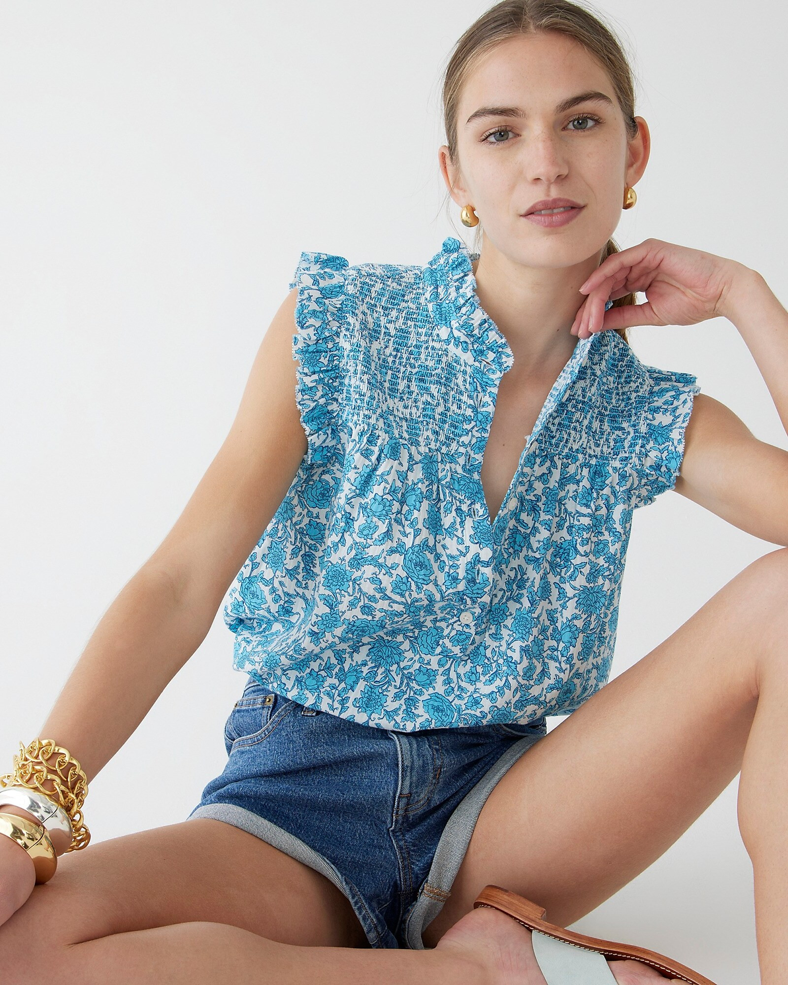 Garden soft gauze top in blue blooms block print | J. Crew US