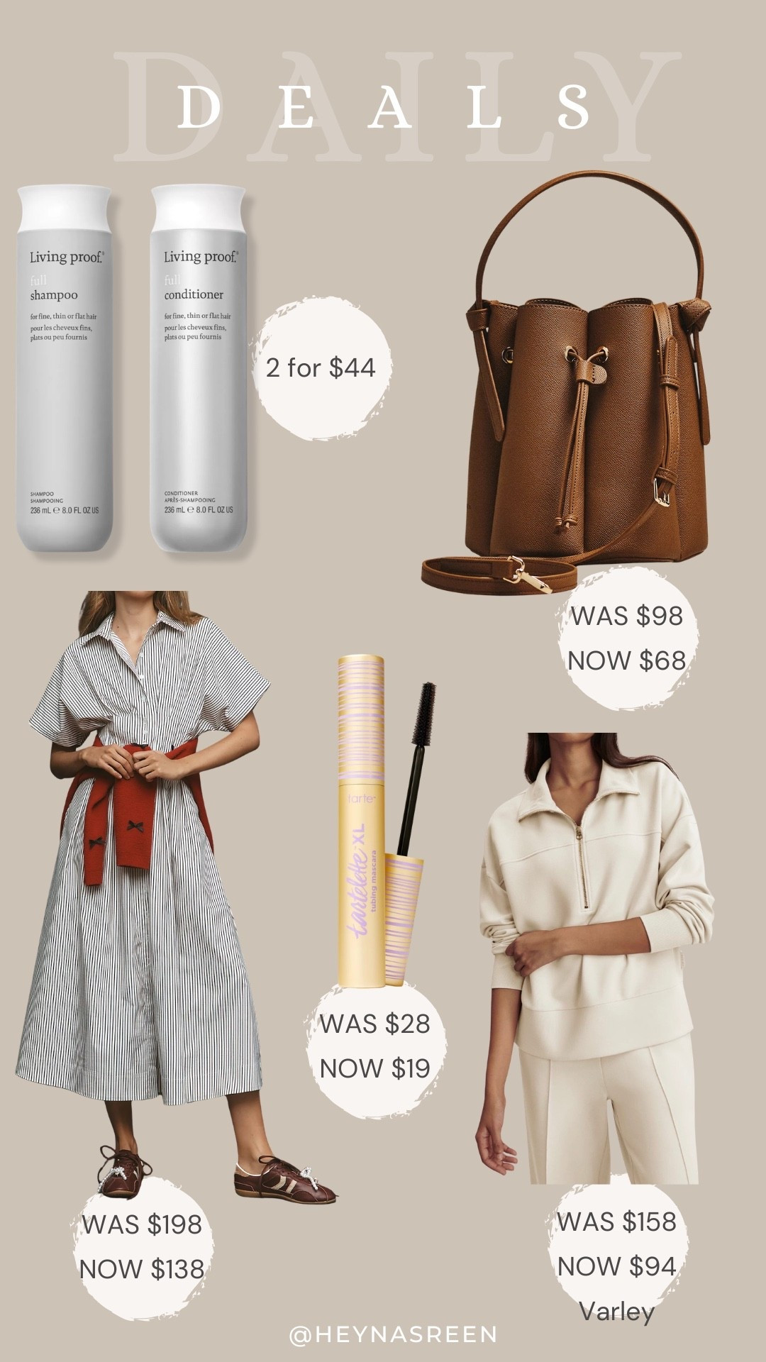 Daily deals on Living Proof shampoo & conditioner, Anthropologie bag, Varley sweatshirt, Tarte tubing mascara, Anthropologie dress