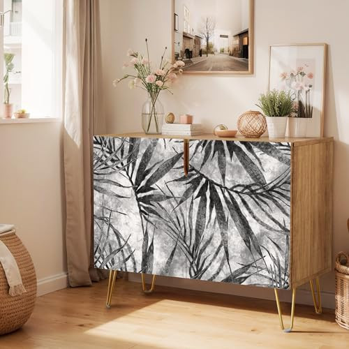 SIGNWIN Sideboard Buffet Cabinet, Kitchen Storage Cabinet with 2 Doors, Black Tropical Palm Leaves Patterns, Cupboard Console Table for Dining Room- 35" L x 18" W x 29" H | Amazon (US)
