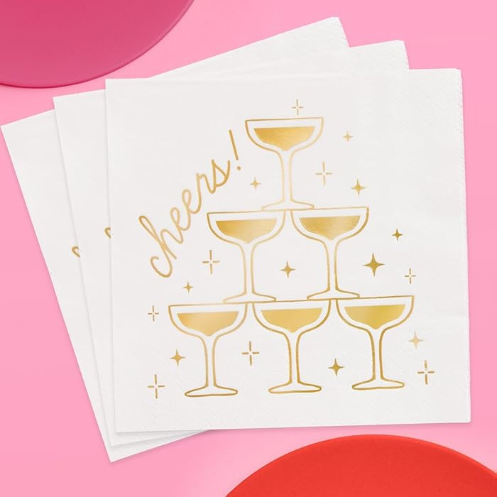 xo, Fetti Gold Foil Cheers Napkins | 3-ply, 50 pcs | Bachelorette Party Champagne Coupe Decoratio... | Amazon (US)