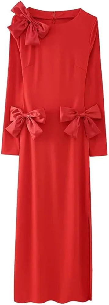 Women's Bow Decoration Backless Formal Dress Chic Slim Long Sleeve Ankle Midi Skirt Red Long Dres... | Amazon (US)