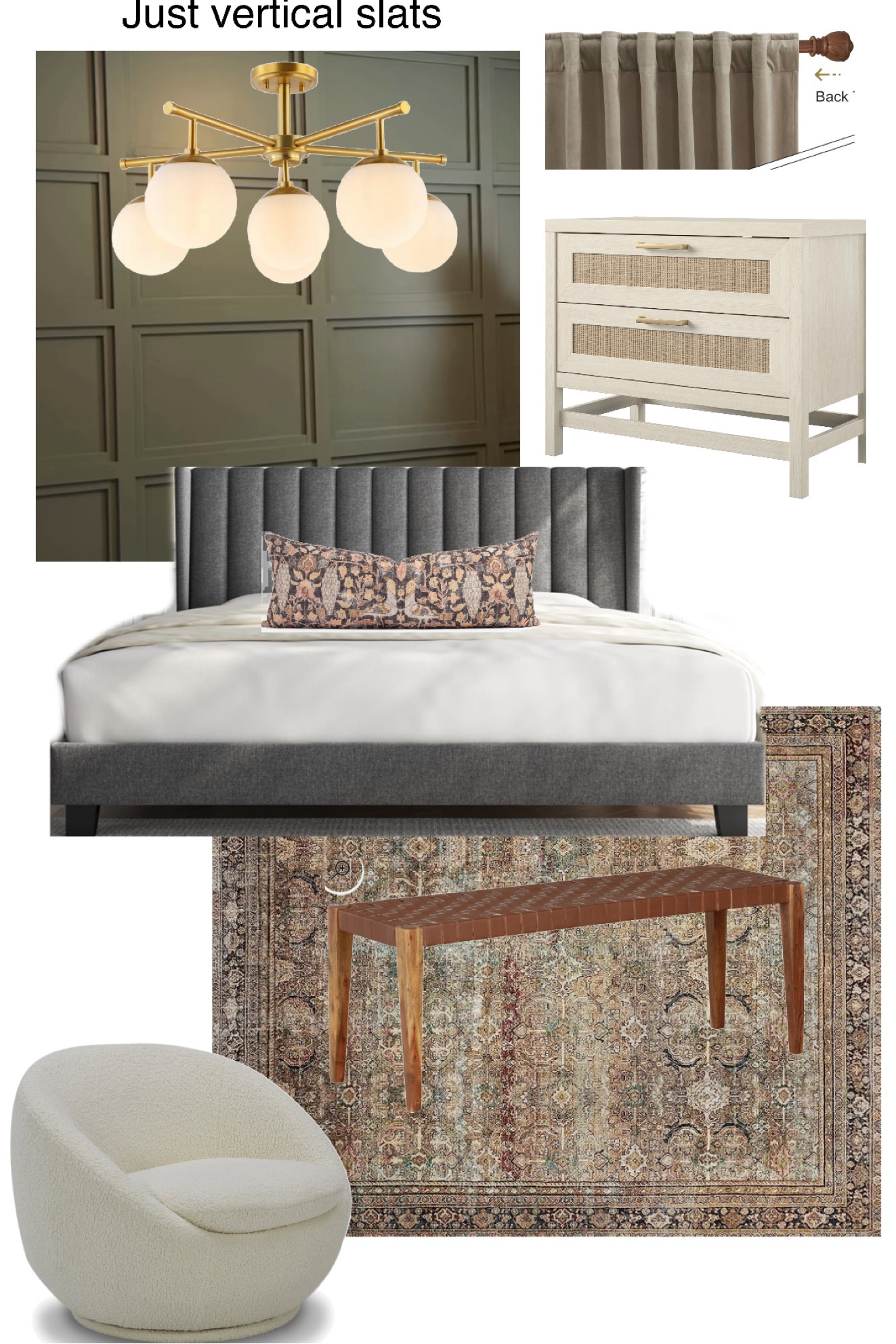 Modern midcentury bedroom moodboard with upholstered long bed frame and rattan nightstands. Woven leather bench, arched floor length mirror, and swivel chair. 

#LTKhome #LTKsalealert