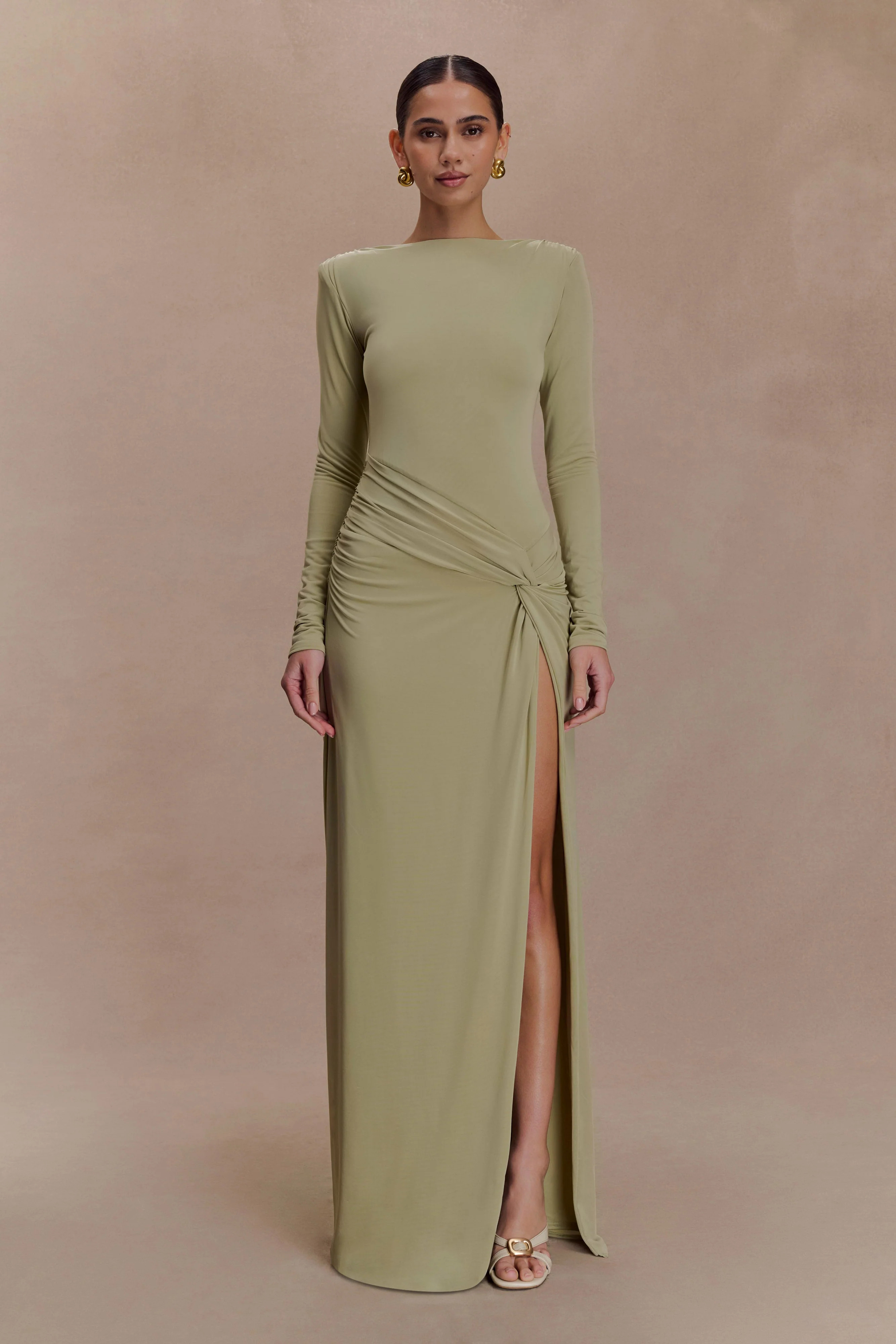 Deanna Long Sleeve Gathered Maxi Dress - Sage | MESHKI US