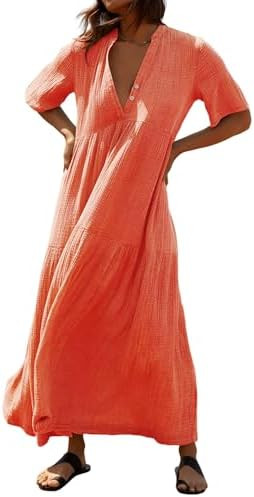 R.Vivimos Womens Summer Cotton Flowy Maxi Dress Short Sleeve V Neck Empire Waist Boho Tiered Ruff... | Amazon (US)