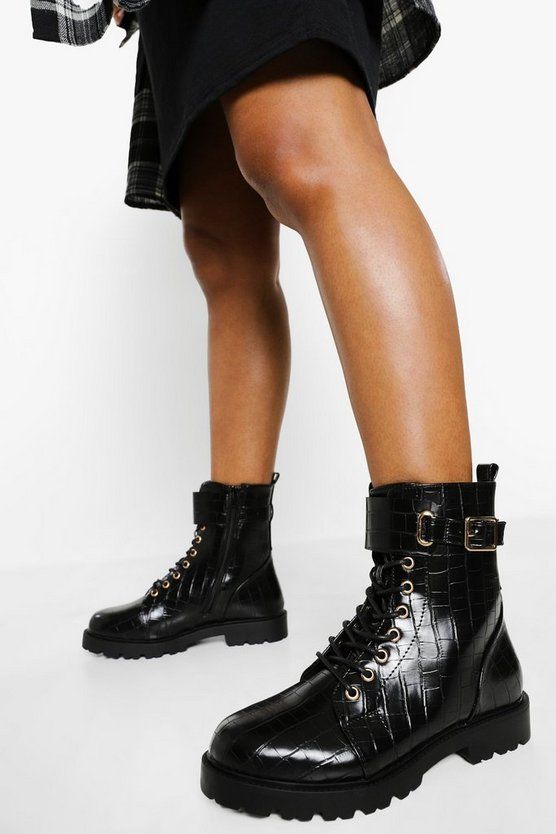 Wide Width Buckle Detail Lace Up Combat Boots | Boohoo.com (US & CA)