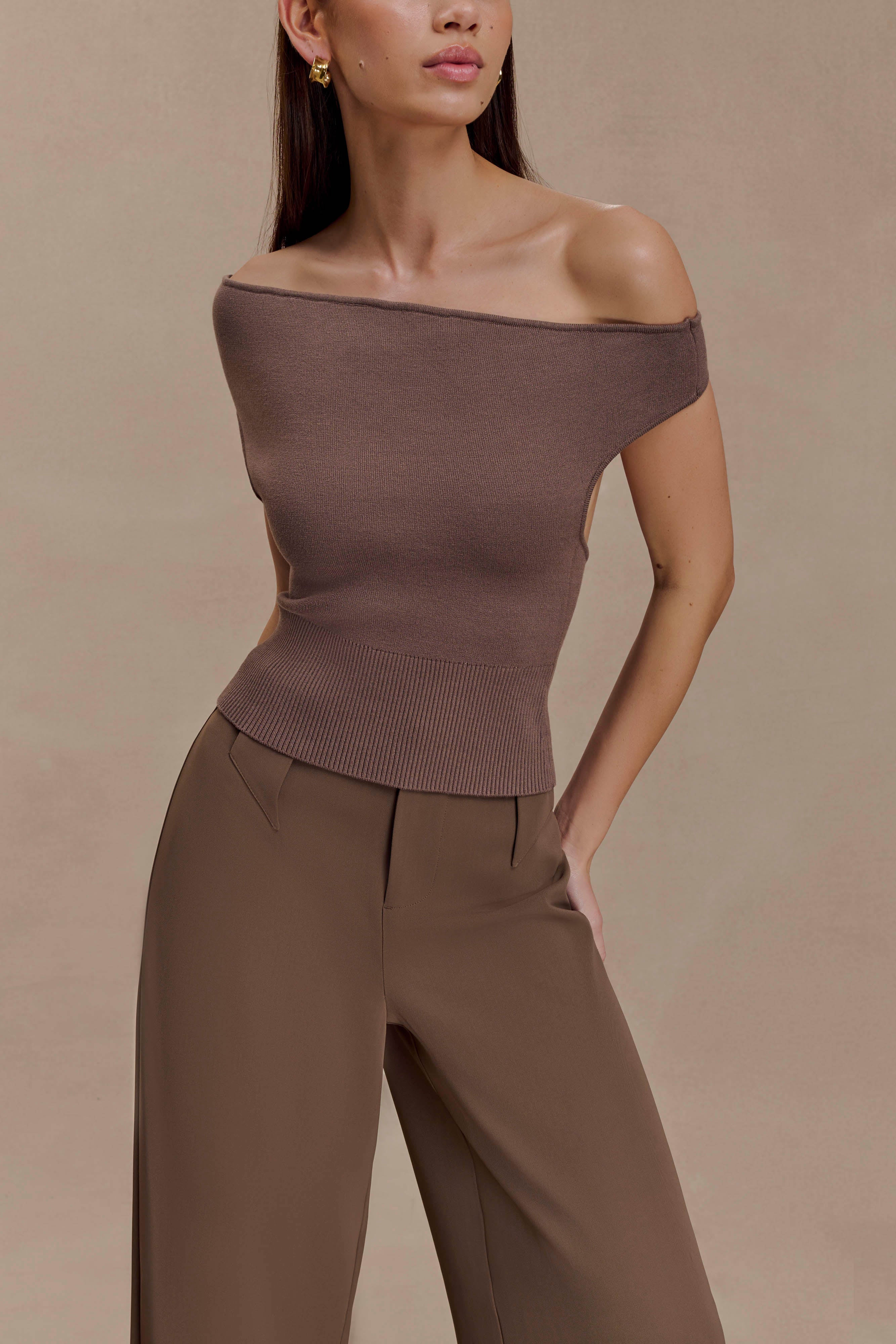 Carley Off Shoulder Knit Top - Cacao Brown | MESHKI US