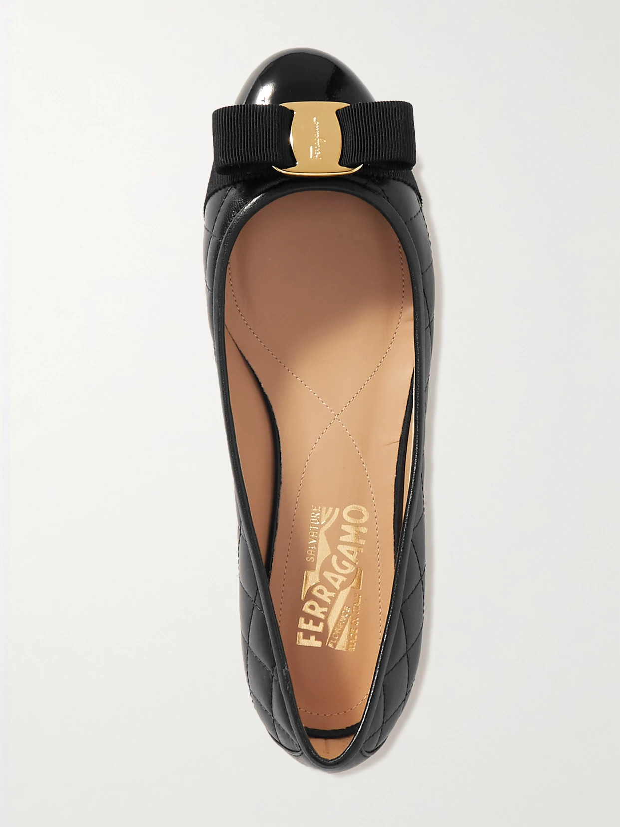 Ferragamo - Varina Bow-embellished Quilted Smooth And Patent-leather Ballet Flats - Black | NET-A-PORTER (US)