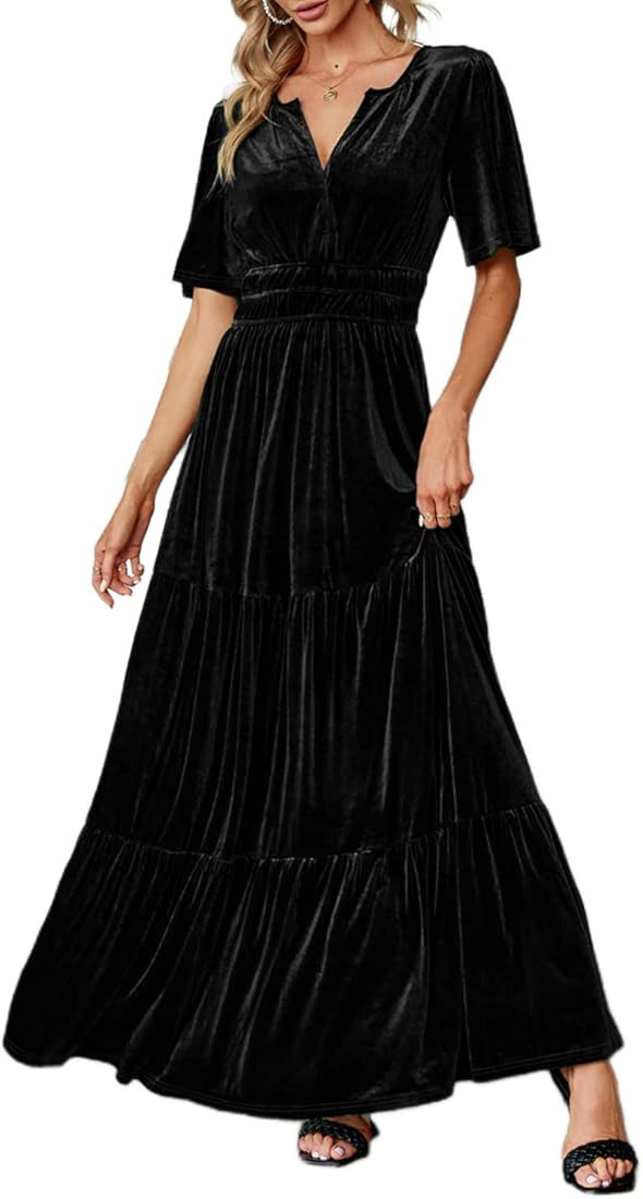 Amegoya Women's Velvet Short Sleeve V Neck Formal Wedding Guest Maxi Dresses Fall Evening Party Long | Amazon (US)