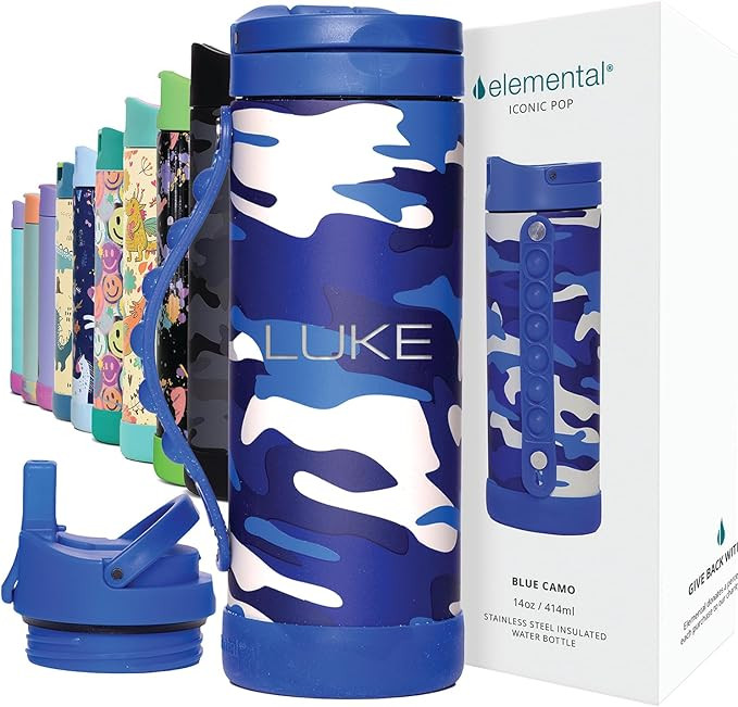 Elemental Iconic Kids Personalized Water Bottle with Straw Lid & Stress Relief Pop It Handle, Cus... | Amazon (US)