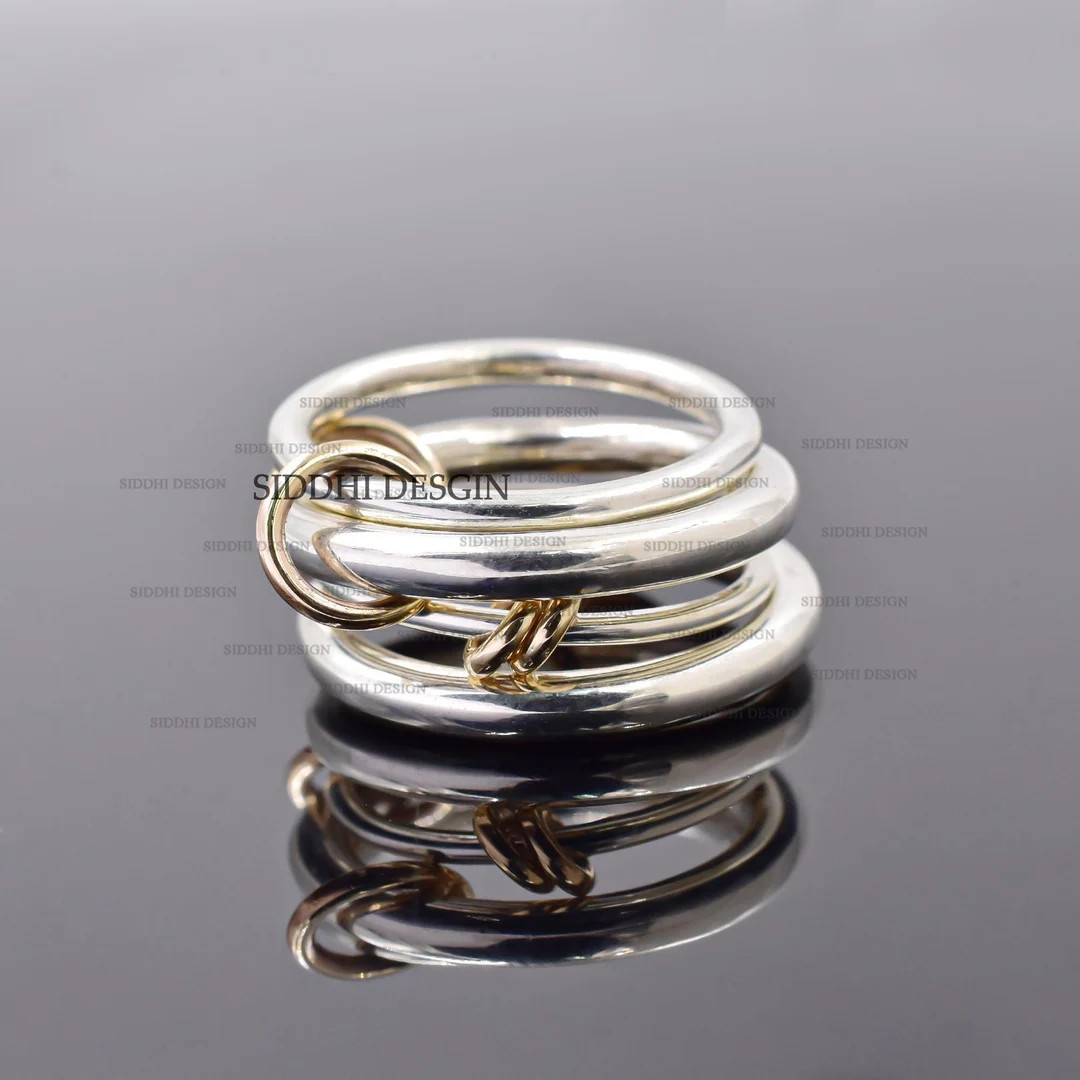 14K Solid Yellow Gold Jumps, Silver Multi-band Ring, and Plain Silver Connector Link Band Ring. -... | Etsy (US)