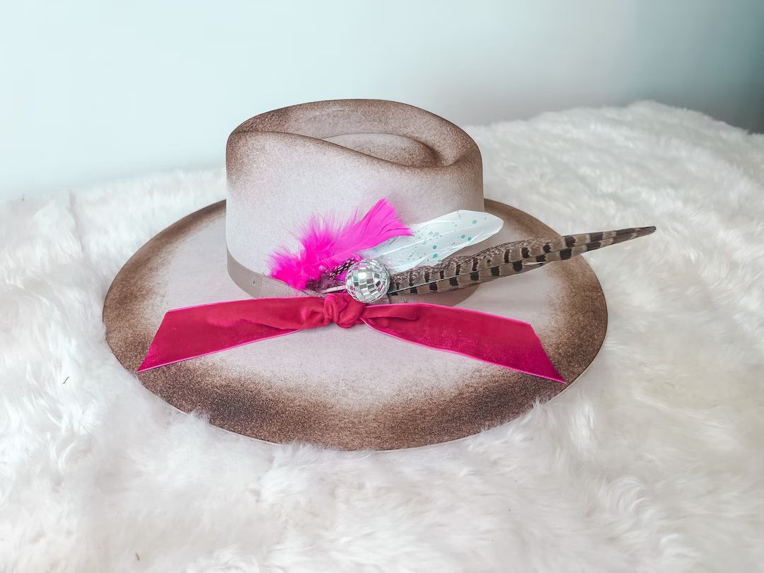 Custom Hot Pink Charlie 1 Horse Felt Cowgirl Hat with Disco Ball & Hot Pink Feathers western boho... | Etsy (US)