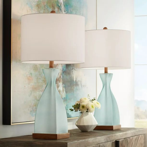 360 Lighting Modern Coastal Table Lamps 28.5" Tall Set of 2 Blue Glass White Drum Shade Living Ro... | Walmart (US)