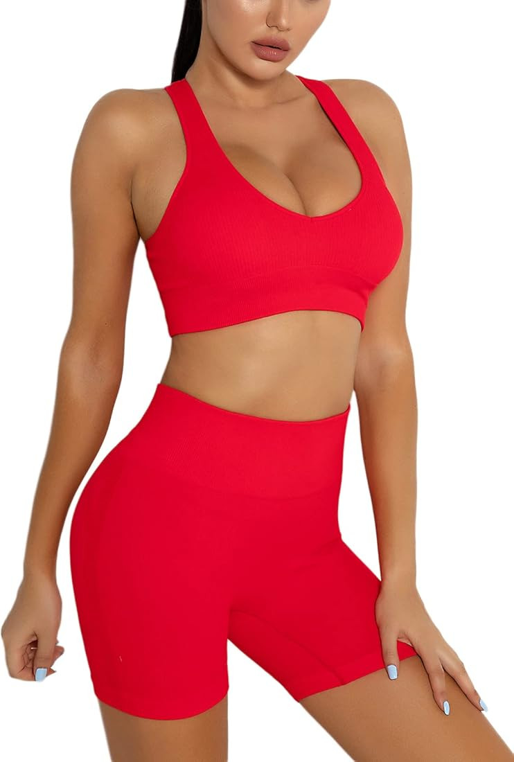 DADAB Workout Sets Two Piece Outfits for Women Clothes Gym Yoga Seamless Racerback Sports Bra Tank T | Amazon (US)