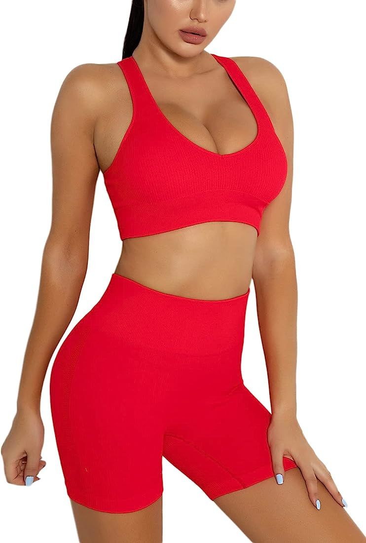 DADAB Workout Sets Two Piece Outfits for Women Clothes Gym Yoga Seamless Racerback Sports Bra Tank T | Amazon (US)