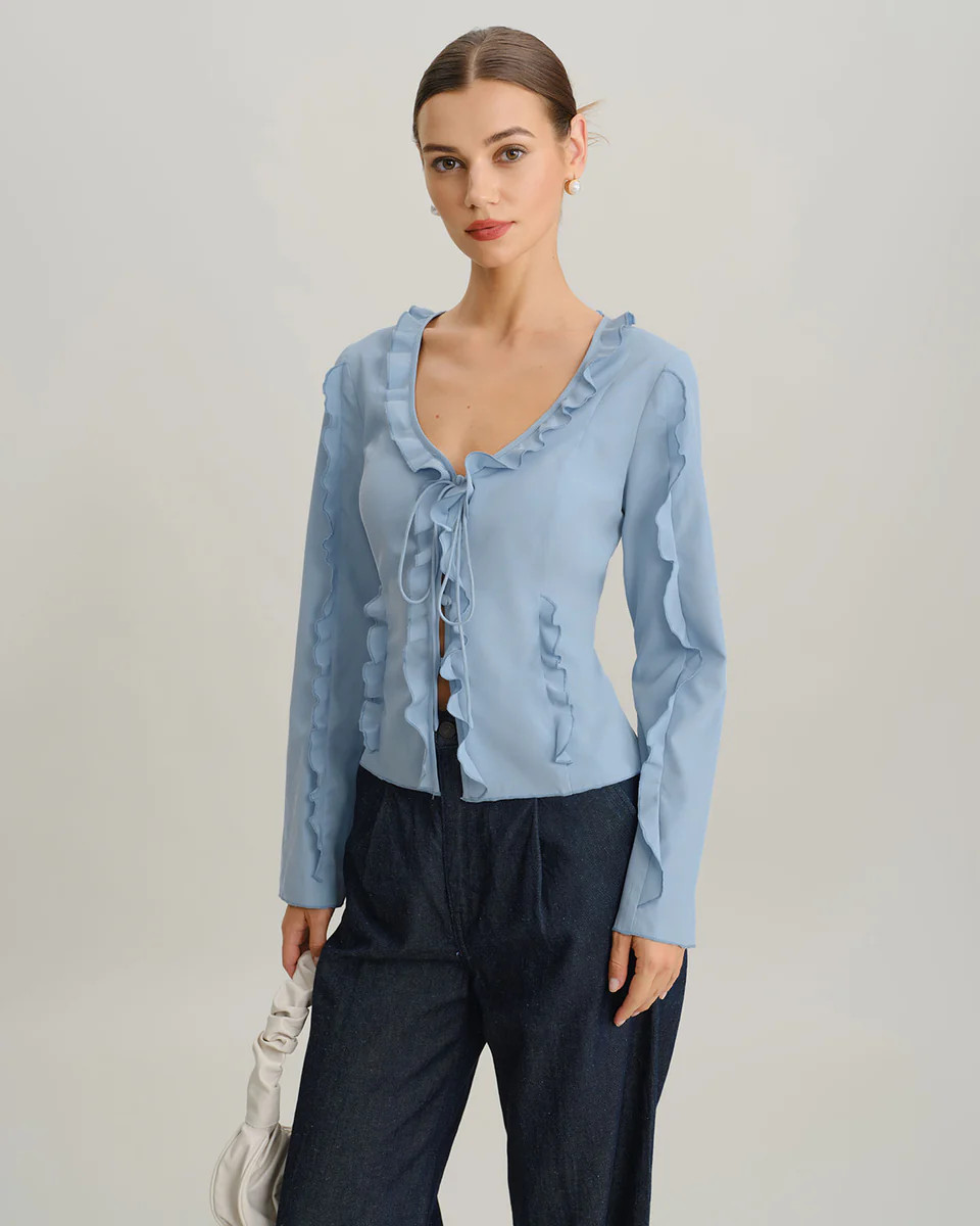 Blue Ruffle V Neck Button Blouse | rihoas.com