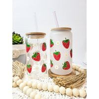 Strawberry Glass Cup, Daisy Floral Tumbler With Straw, Iced Coffee Glass, Fruit Spring Gift, Summer Cup | Etsy (US)