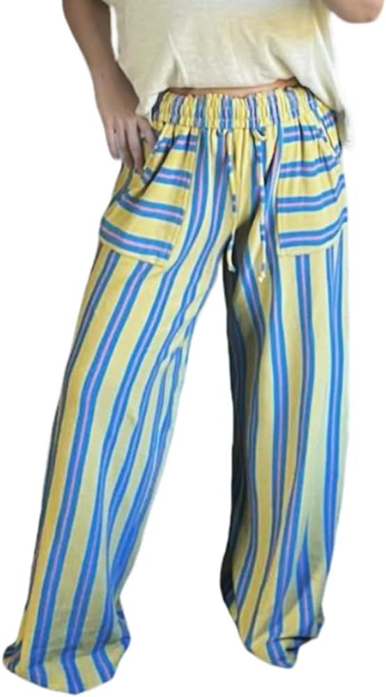Women's Palazzo Pants Striped Wide Leg High Waist Casual Comfy Pants with Pockets | Amazon (US)