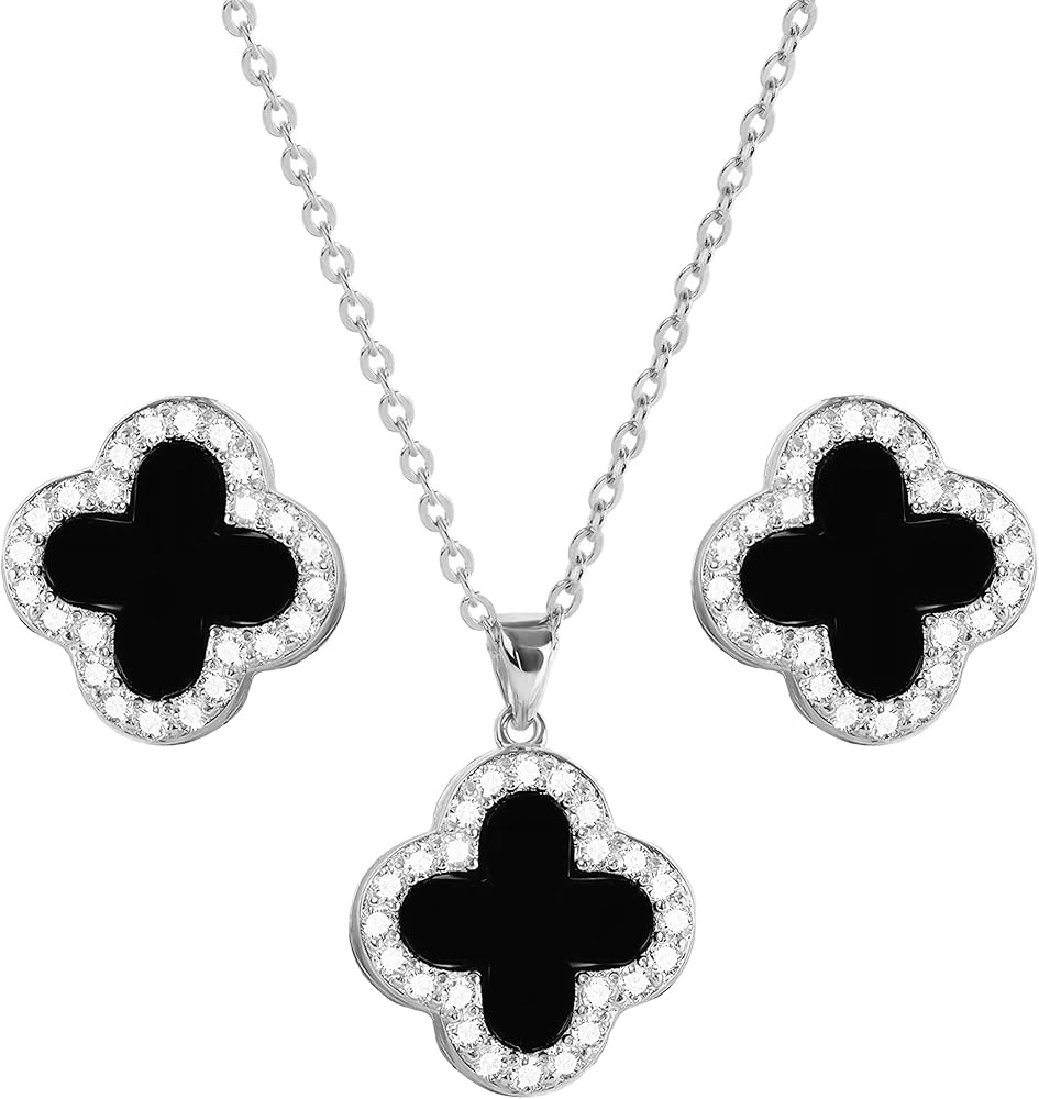 Four Leaf Black Clover Necklace Earring Set for Women 18K Gold Plated Stainless Steel Crystal Pen... | Amazon (US)