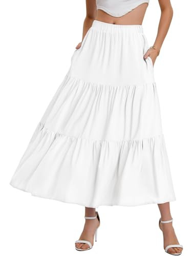 Bloggerlove White Maxi Skirt for Women High Waist Ruffle A Line Skirt Long Bohemian Boho Skirts with Pockets XL | Amazon (US)