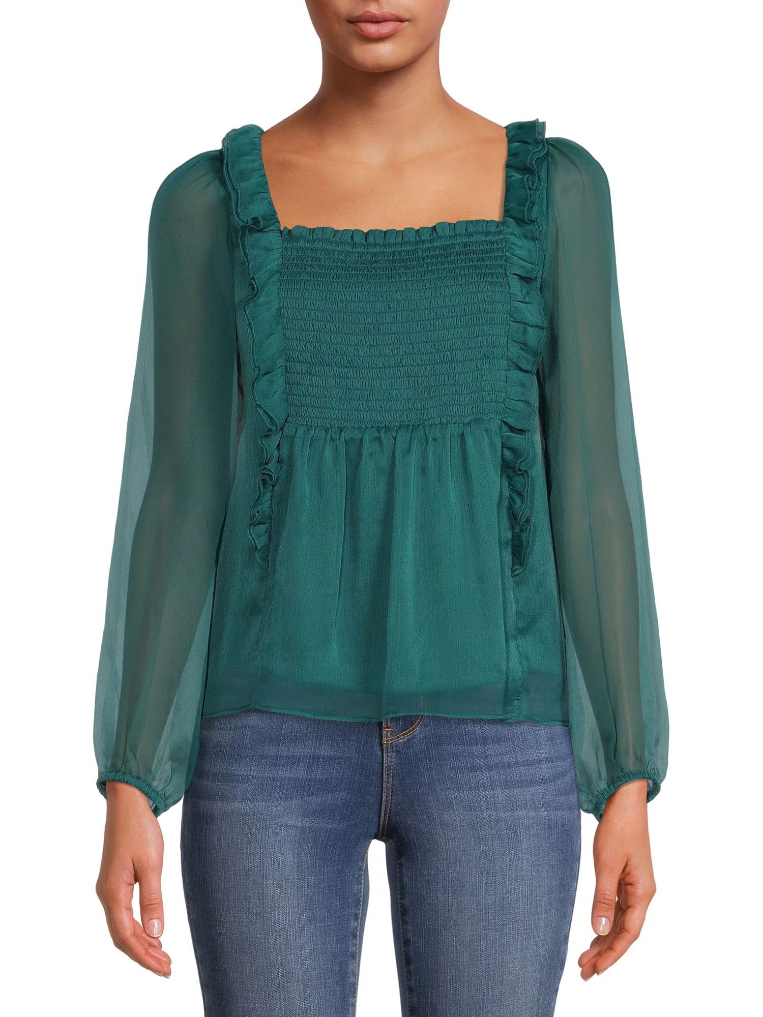 Time and Tru Women's Smocked Ruffle Top with Long Sleeves | Walmart (US)