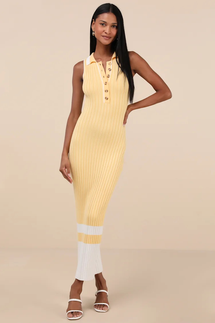 Stefany Yellow Ribbed Knit Collared Midi Sweater Dress | Lulus