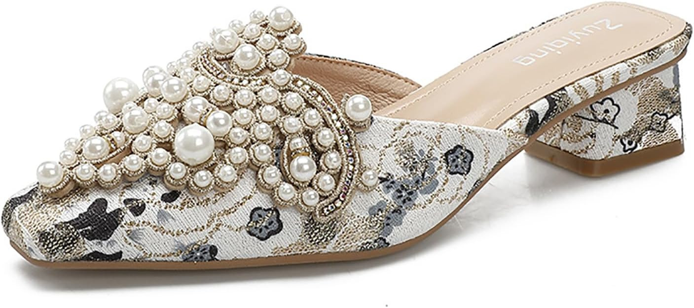 Women's Pearl Print Leather Low Heels Mules Fashion Comfortable Closed Pointed Toe Slip on Block ... | Amazon (US)