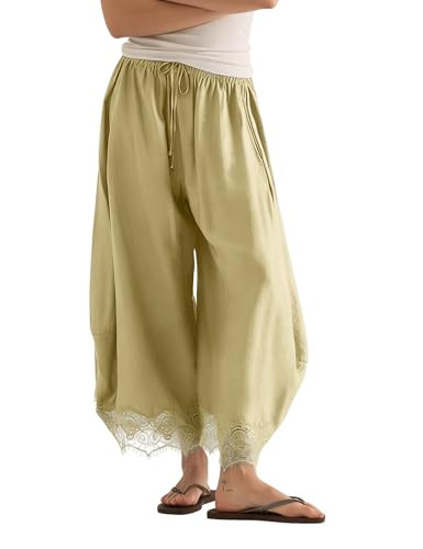 Women's Cropped Lace Hem Pants High Waist Drawstring Wide Leg Pants | Amazon (US)