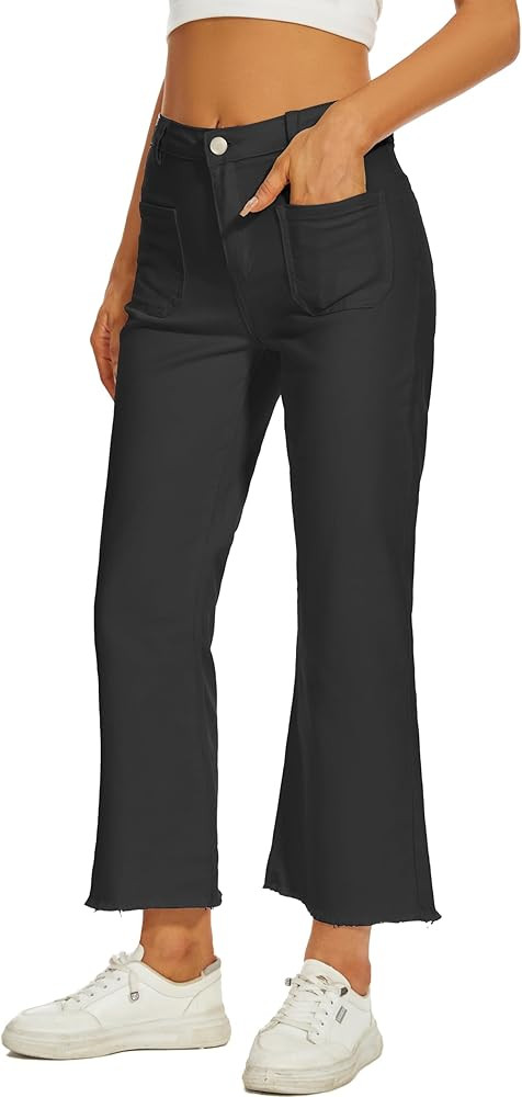 Women Flare Capris Jeans Mid Rise Cropped Pants Stretchy Ankle Length with Pockets | Amazon (US)