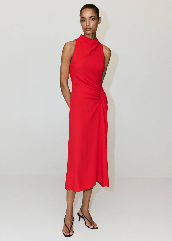 Ruched dress with draped neckline red - Women - 4 - MANGO | Mango (US/MX/AU)