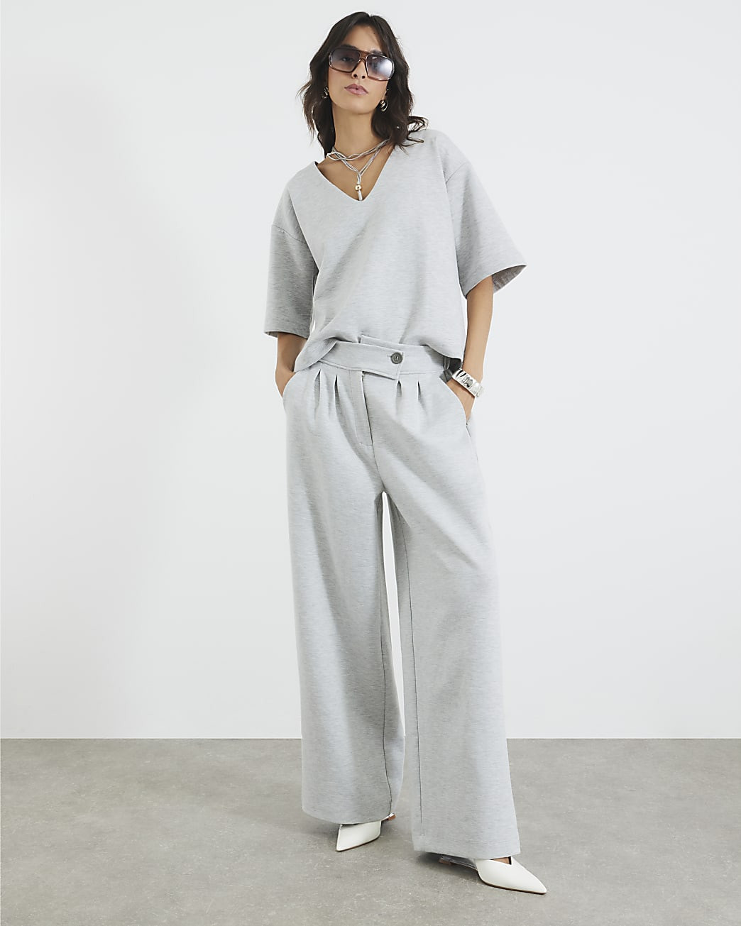 Grey Tailored Jersey Wide Leg Trousers | River Island UK & IE