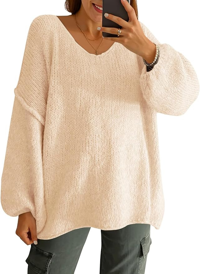 Saodimallsu Womens Oversized V Neck Sweaters Chunky Knit Lantern Long Sleeve Fall Winter Slouchy ... | Amazon (US)