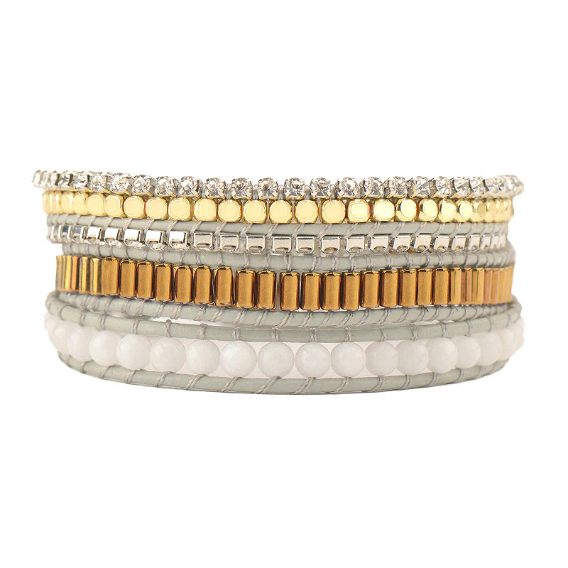 Crystals and Gold Beads with Ivory Stones on Gray | Victoria Emerson