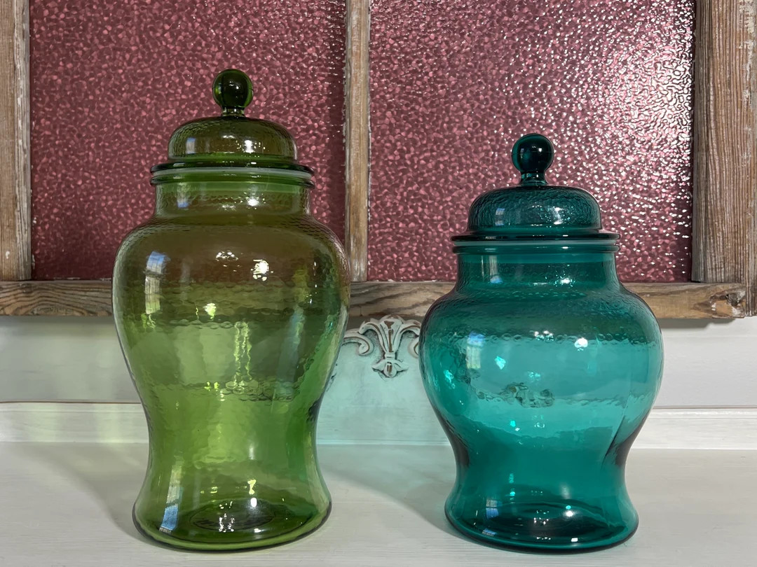 Green and Teal Glass Jars/Canisters ***SOLD SEPARATELY**Avocado Apothecary Jar, Turquoise/Caribbe... | Etsy (US)