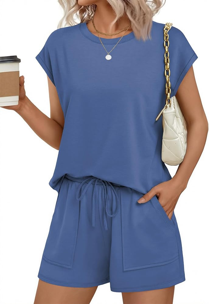 Ekouaer Two Piece Sets for Women Summer Crew Neck Lounge Short Sets Cap Sleeve Drawstring Vacatio... | Amazon (US)