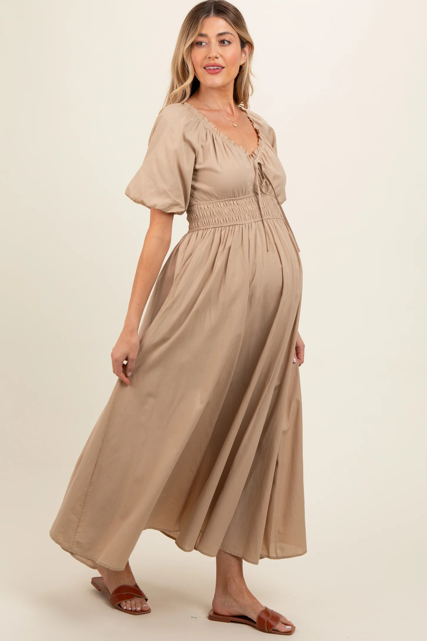 Taupe Smocked Puff Sleeve Maternity Maxi Dress | PinkBlush Maternity