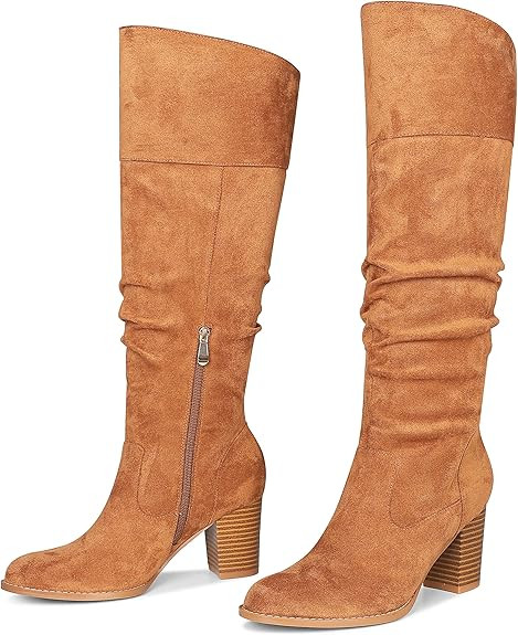 MeiLuSi Women's Slouchy Knee High Boots Suede Fall Boots Round Toe Chunky Heel Boots Warm Winter ... | Amazon (US)