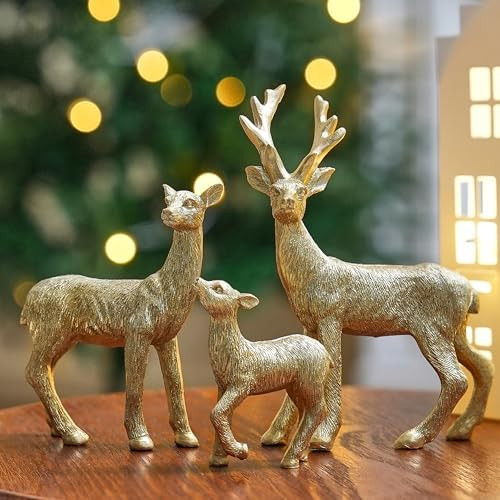 FESTGLOX Gold Reindeer Figurines for Christmas Decor 3Pcs Resin Reindeer Statues Small Golden Deer Family Set for Indoor Christmas Tabletop Mantle Decorations | Amazon (US)