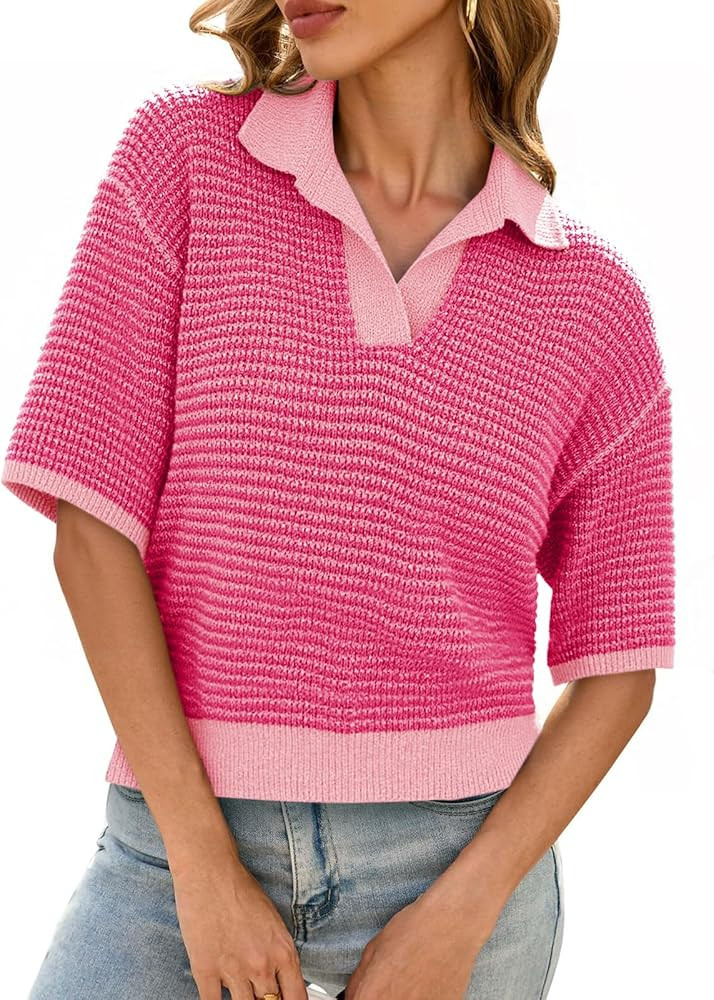 Cicy Bell Womens Striped Cropped Sweaters Tops Color Block Short Sleeve Knit V Neck Fall Casual P... | Amazon (US)