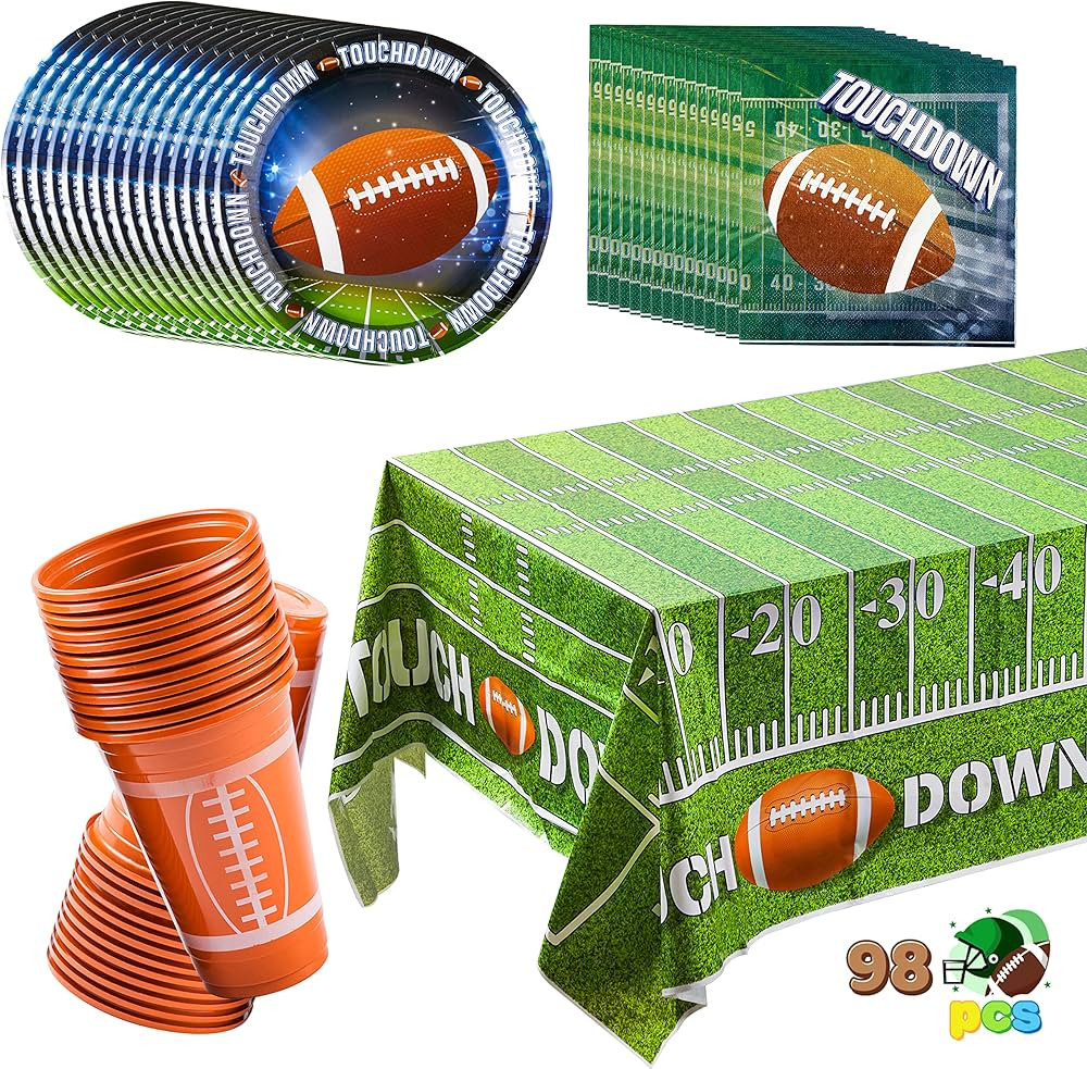 JOYIN 98 Pcs Football Party Supplies Set Serves 24 with 24 Cups, 24 Plates, 48 Paper Napkins, and... | Amazon (US)