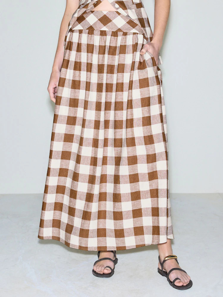 Brown Gingham Linen Rich Full Midi Skirt | Next US