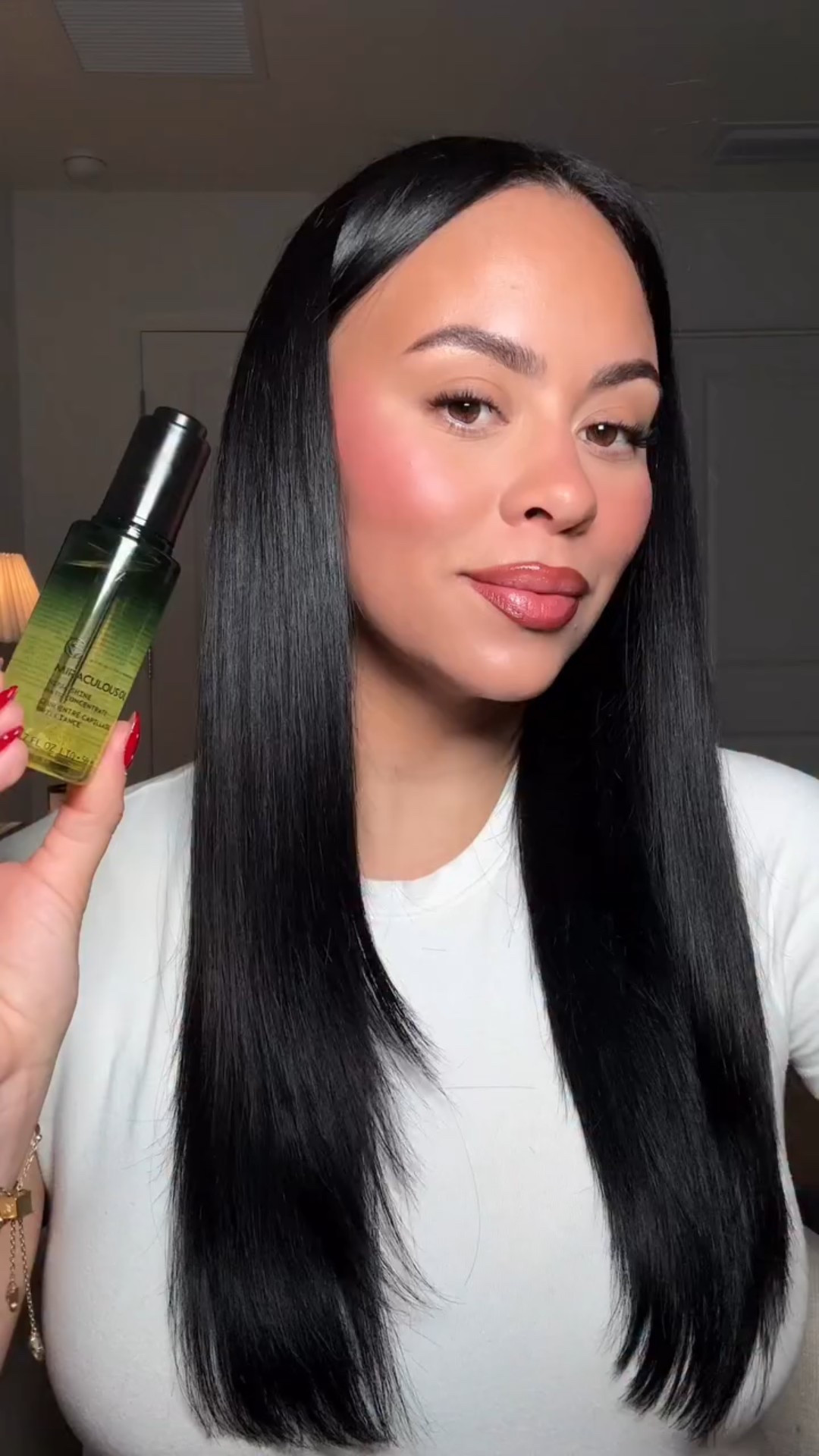 how I achieve glass hair instantly with @aveda  Miraculous Oil, best part is being able to apply it before, during and after styling 👩🏻✨