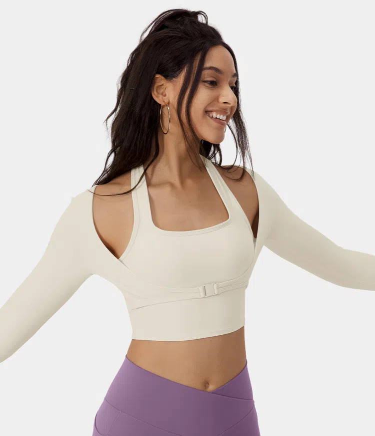 Women's Cloudful® Halter Thumb Hole Long Sleeve Cropped 2-in-1 Sports Top - HALARA | HALARA