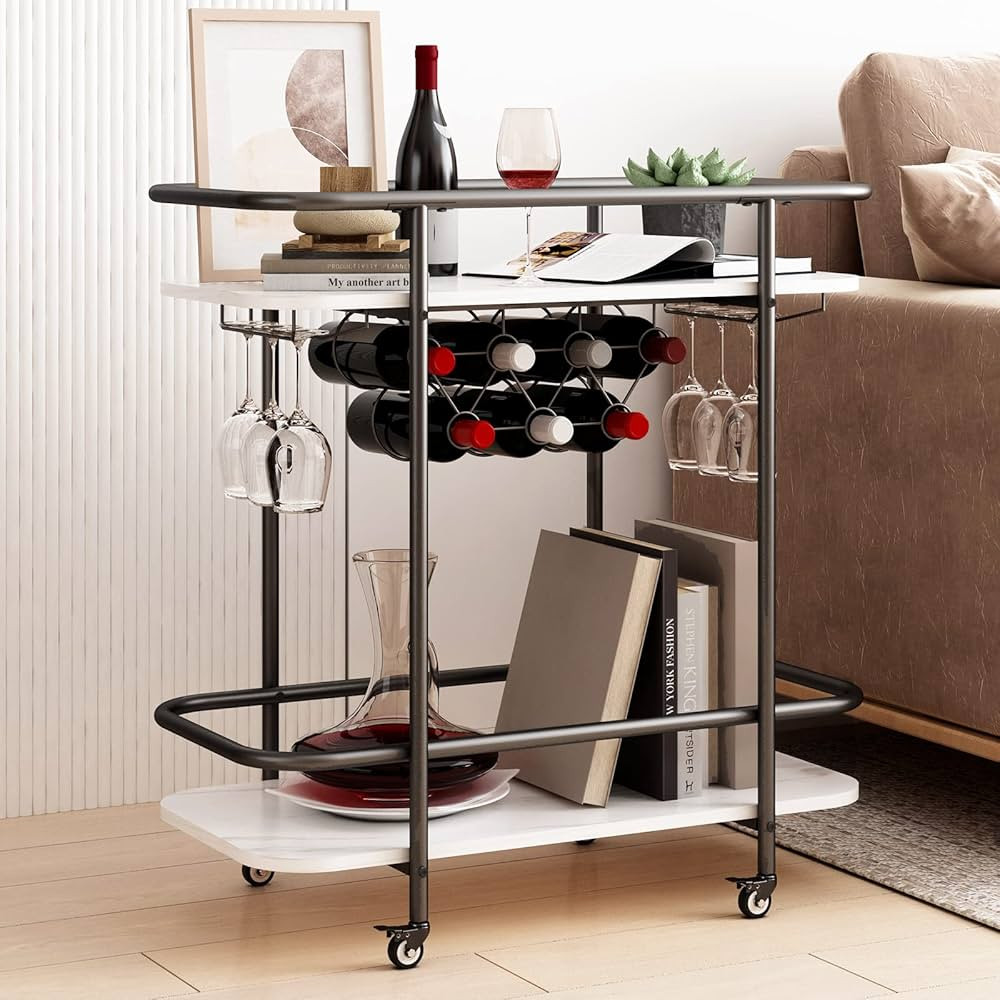MORITIA Black Bar Cart with 4 Wheels 2 Tier Rolling Drink Trolley Beverage Serving Cart for Enter... | Amazon (CA)