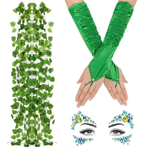 BTHRORO Halloween Green Costume Set for Woman, Poison Ivy Costume Face Jewels Artificial Green Vines Long Gloves for Halloween Party Supplies Proms Cosplay Accessory | Amazon (US)