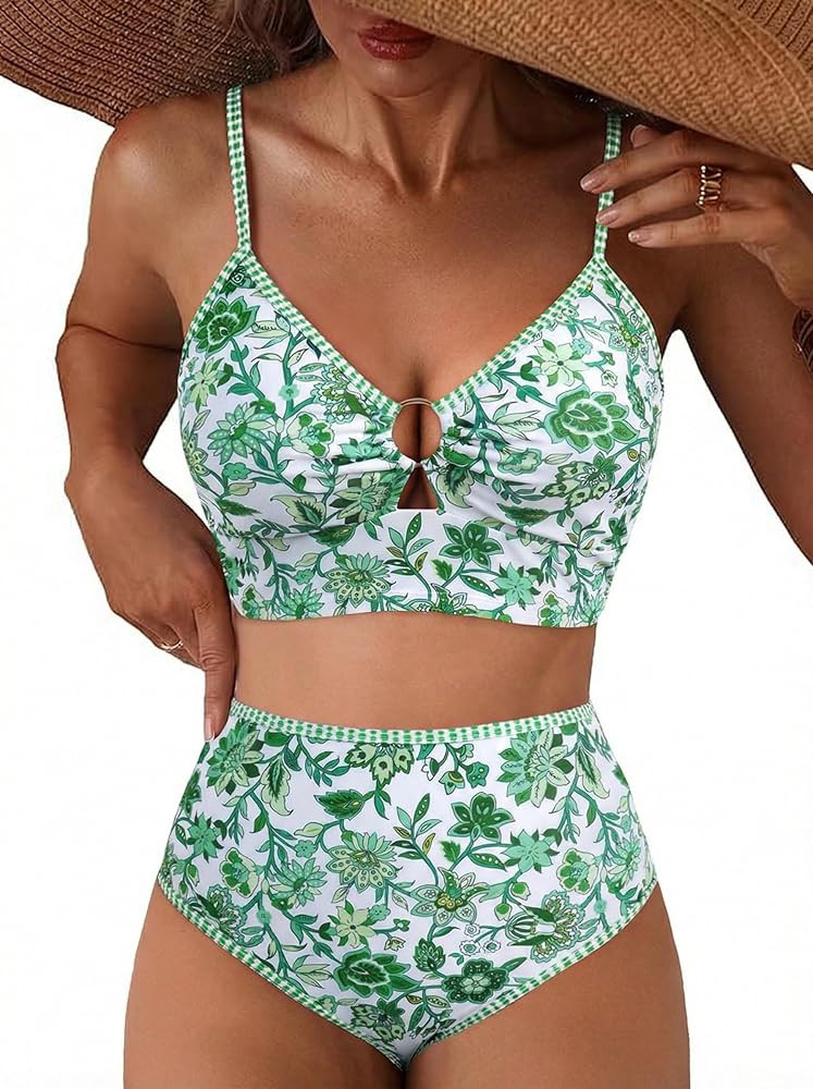 Herseas Women's O Ring Bikini Sets 2 Pieces Floral Print Swimsuits High Waisted Bathing Suits | Amazon (US)