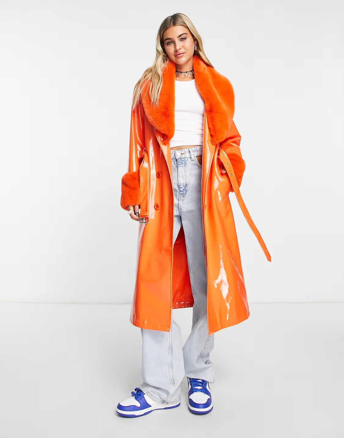 Urban Code longline pu trench coat with faux fur collar in bright orange | ASOS (Global)