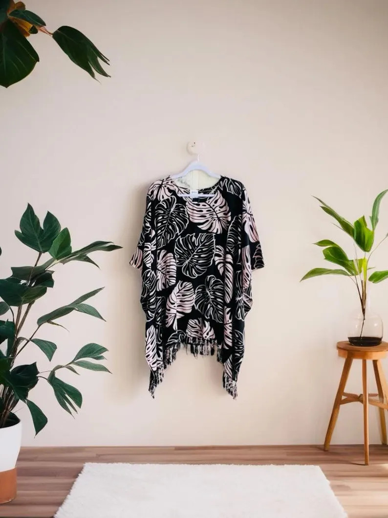 0157/ Oversized Rayon Poncho with Fringe, Plus Size Kaftan, Tropical Pattern Top, Hawaii MuuMuu, ... | Etsy (Global)